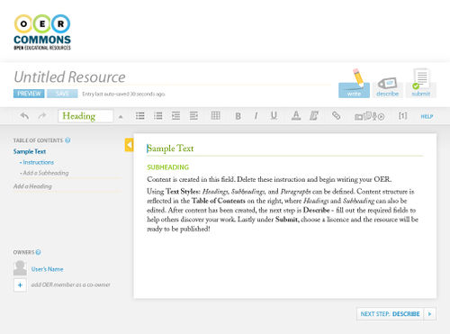 Figure 1. Floe/OER Commons authoring environment, editing screen