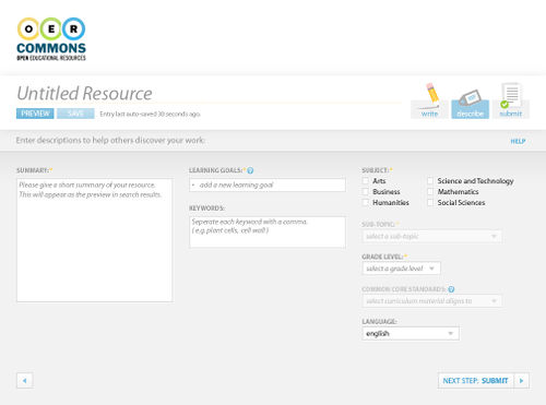 Figure 2. Floe/OER Commons authoring environment, metadata input screen