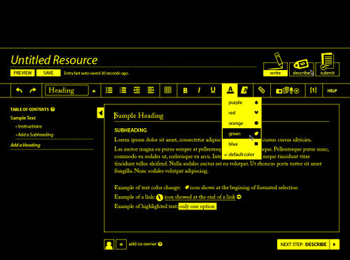 Figure 4. Floe/OER Commons authoring environment, editing screen in high contrast