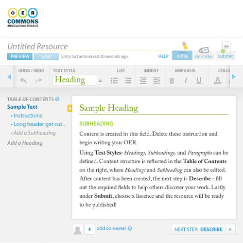 Figure 5. Floe/OER Commons authoring environment, editing screen with enlarged interface elements