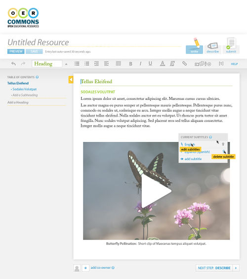 Figure 6. Floe/OER Commons authoring environment, video media inserted